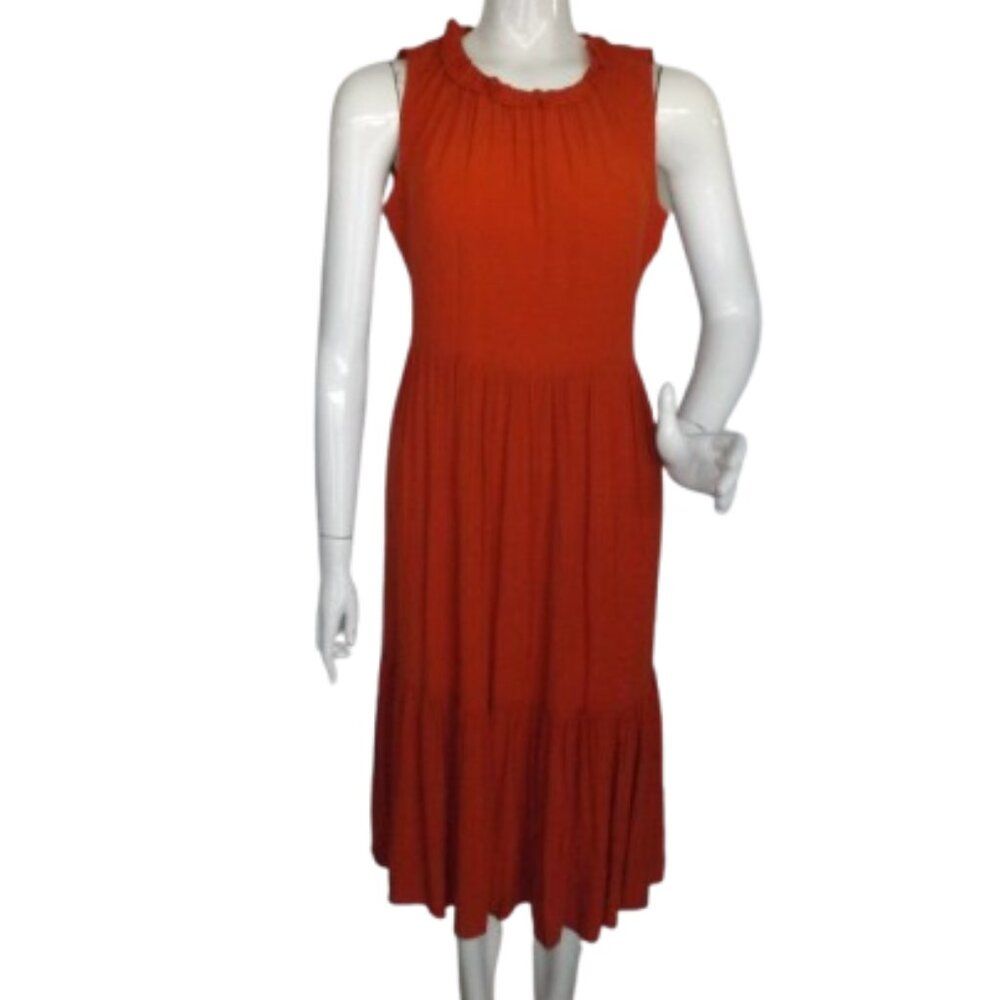 Calvin Klein Dress, 8, Dark Orange, Ruffle Collar, Tiered Skirt, Tie Neck
